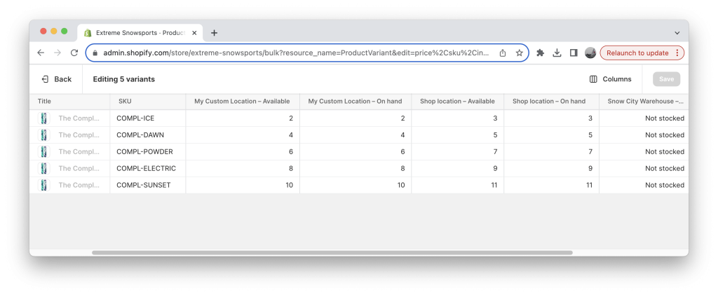 Inventory updated based on provided CSV file data (in Shopify bulk edit)