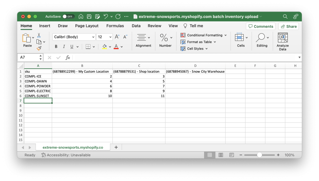 CSV file with your own inventory change data