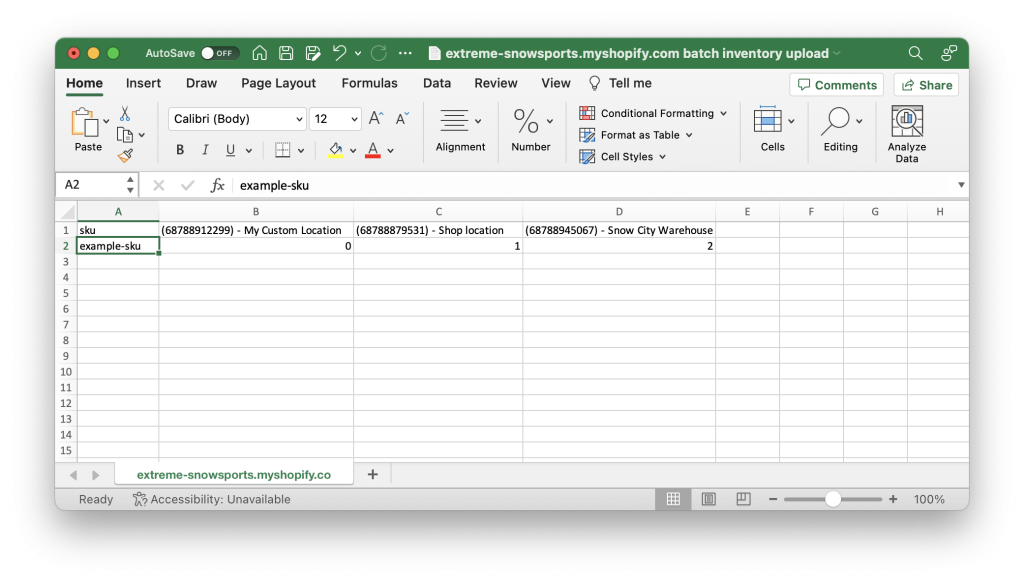 Template CSV file with example data