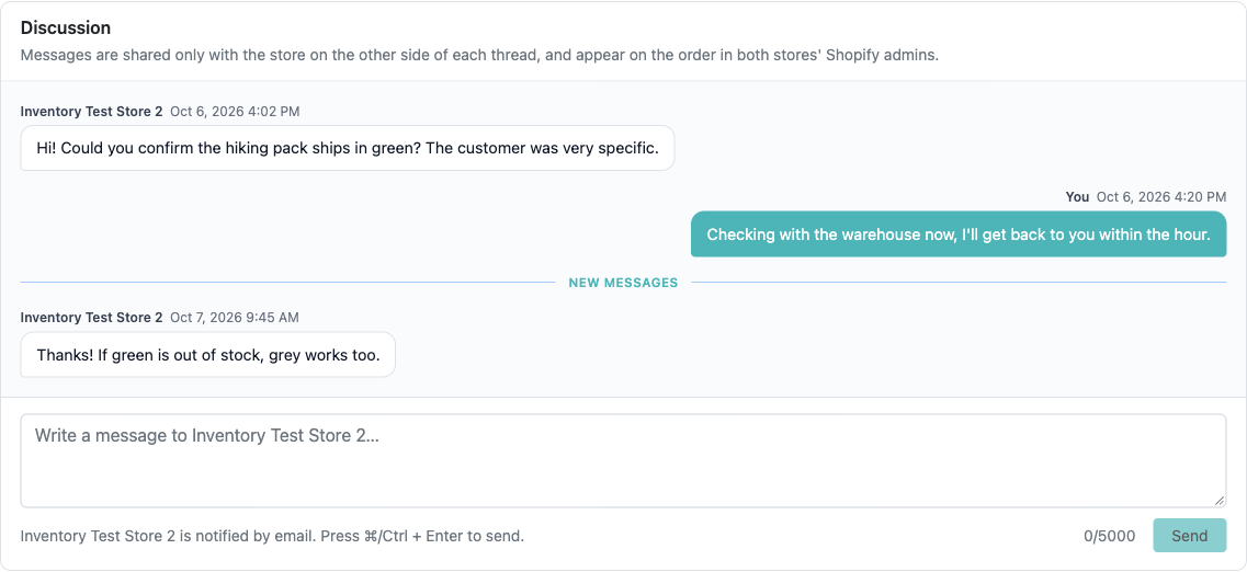 Discussion between the two stores about the order, with a box to write a new message