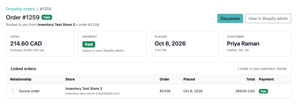 Dropship order page with the order total, payment status, customer and linked source order