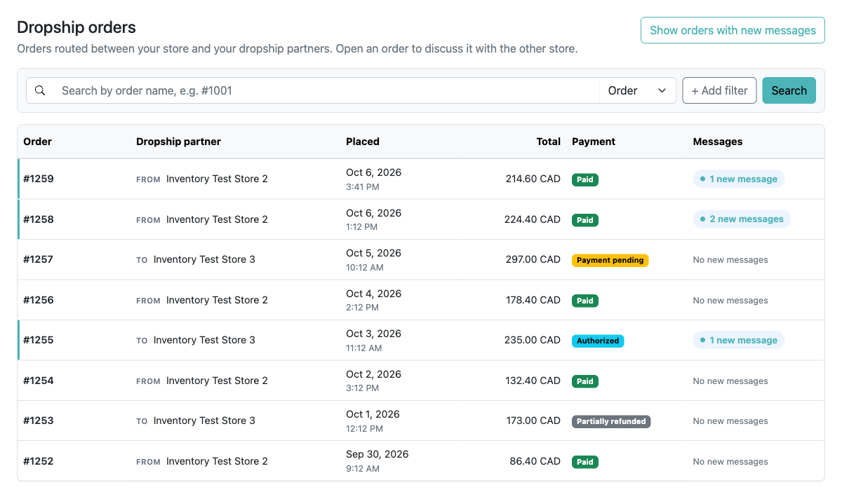 Dropship orders list showing each order's partner store, date, total, payment status and new messages