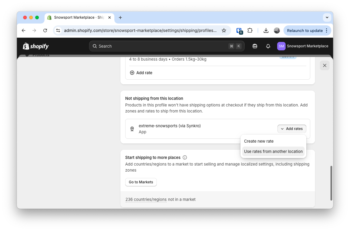 Find Synkro-powered location under Not shipping from this location section, then click Add rates, Use rates from another location