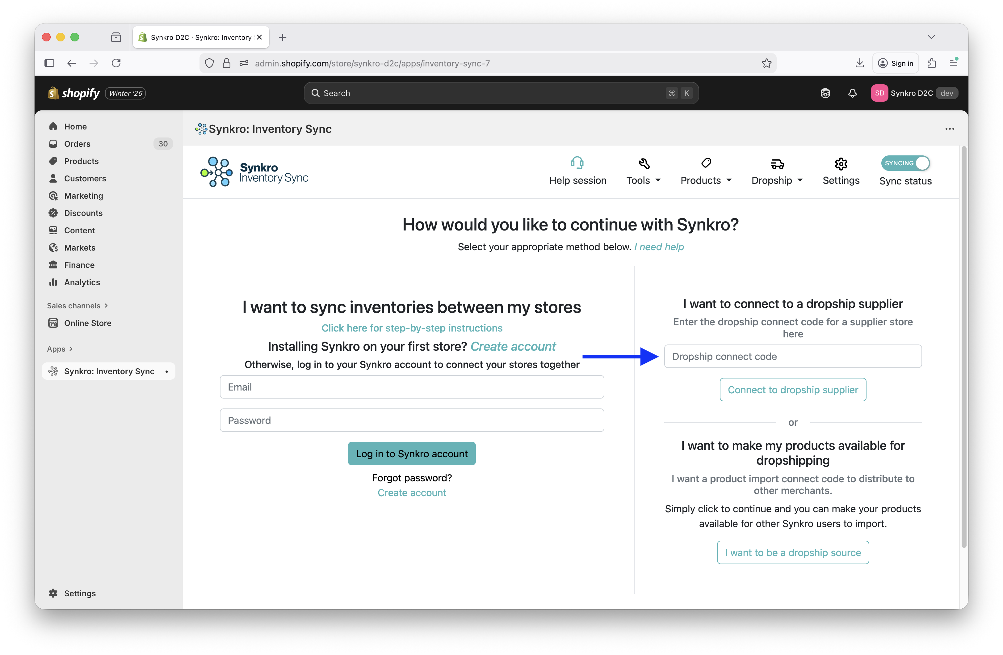 Enter dropship connect code and click Connect to dropship supplier