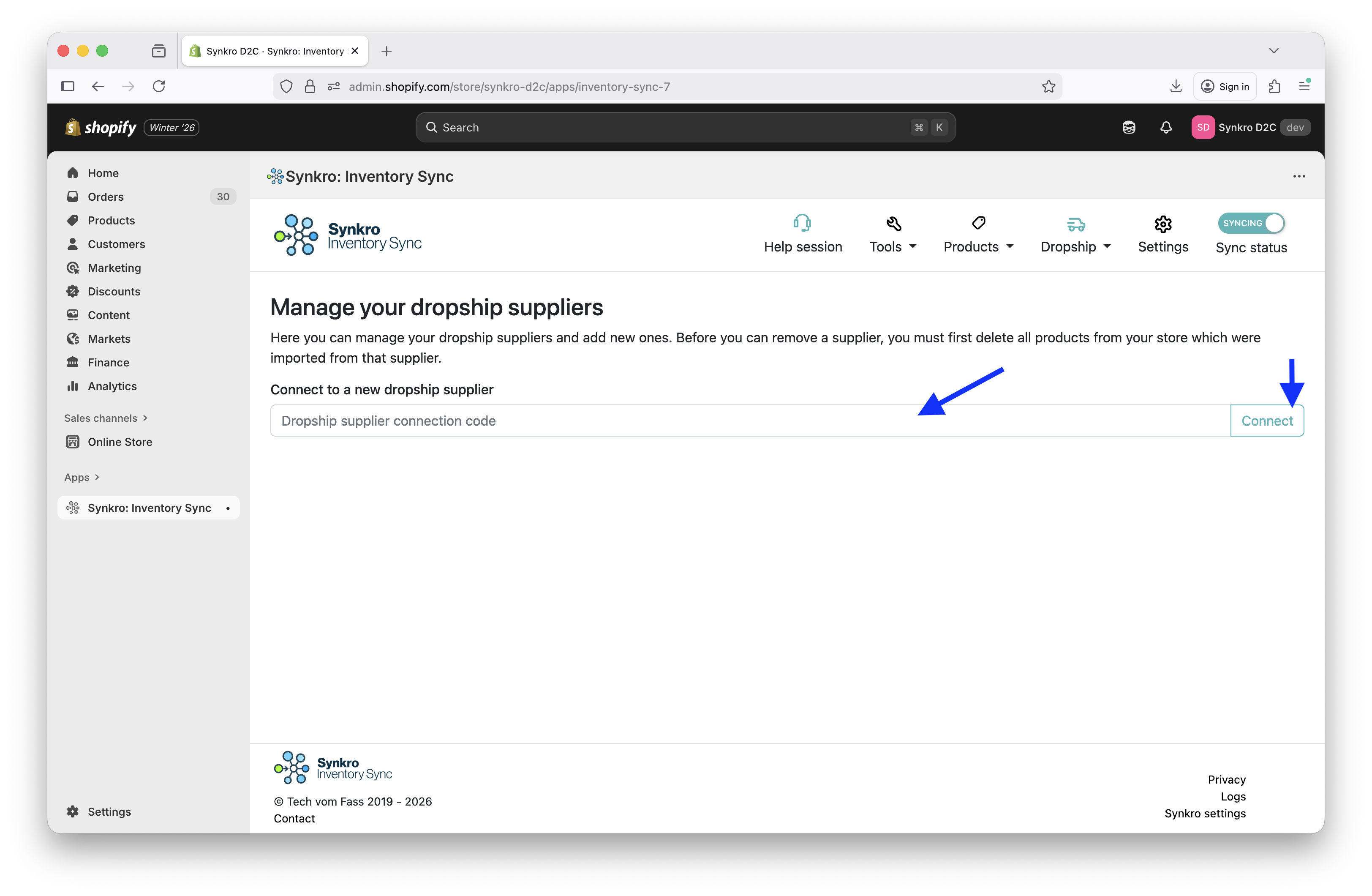 Enter code for new supplier, then click Connect