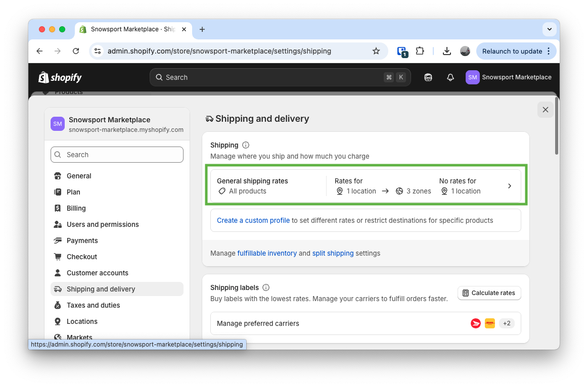 Click on the shipping profile card to add shipping rate to you Synkro-powered fulfillment location