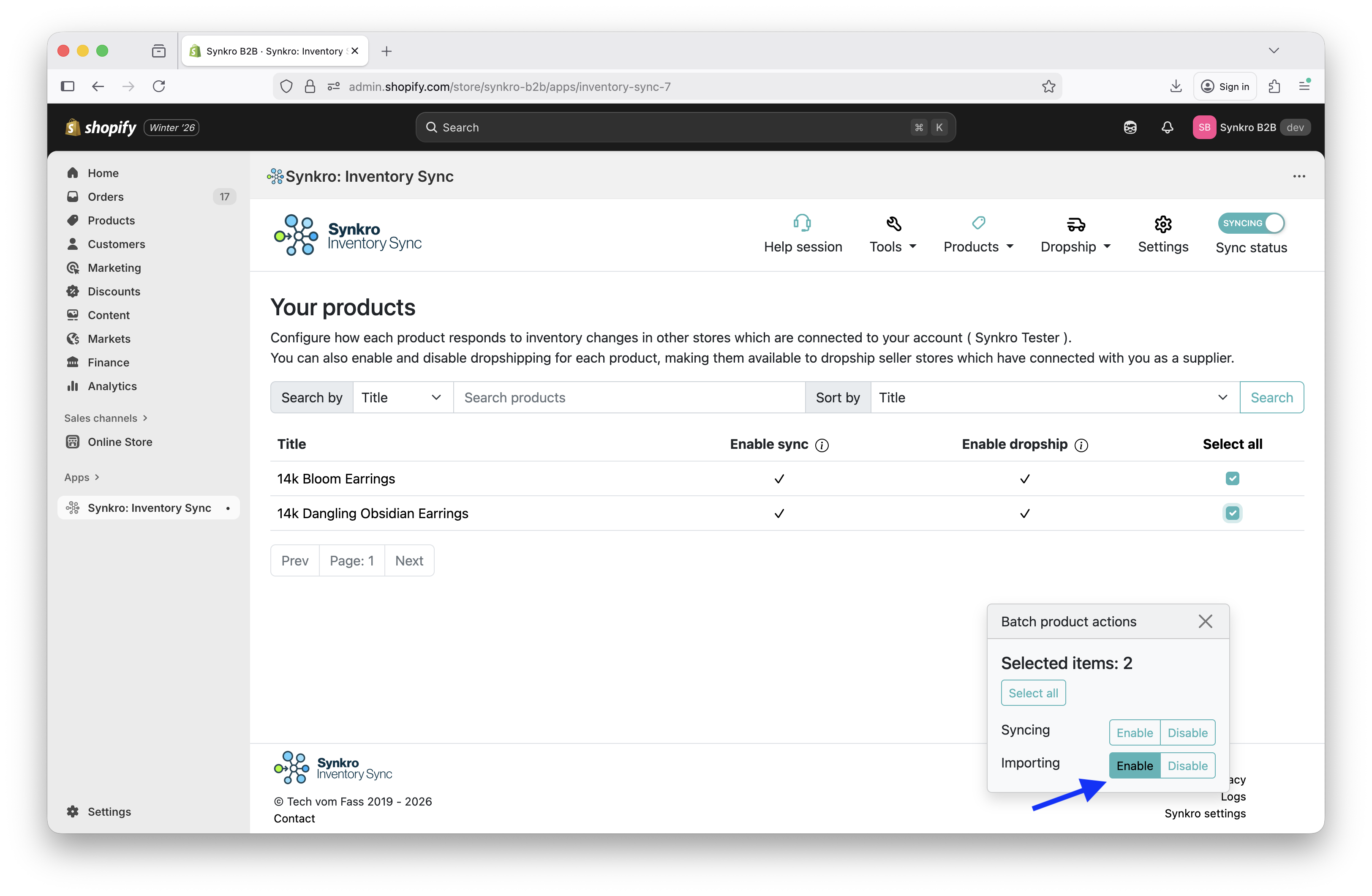 Select one or more products, then click the Enable button