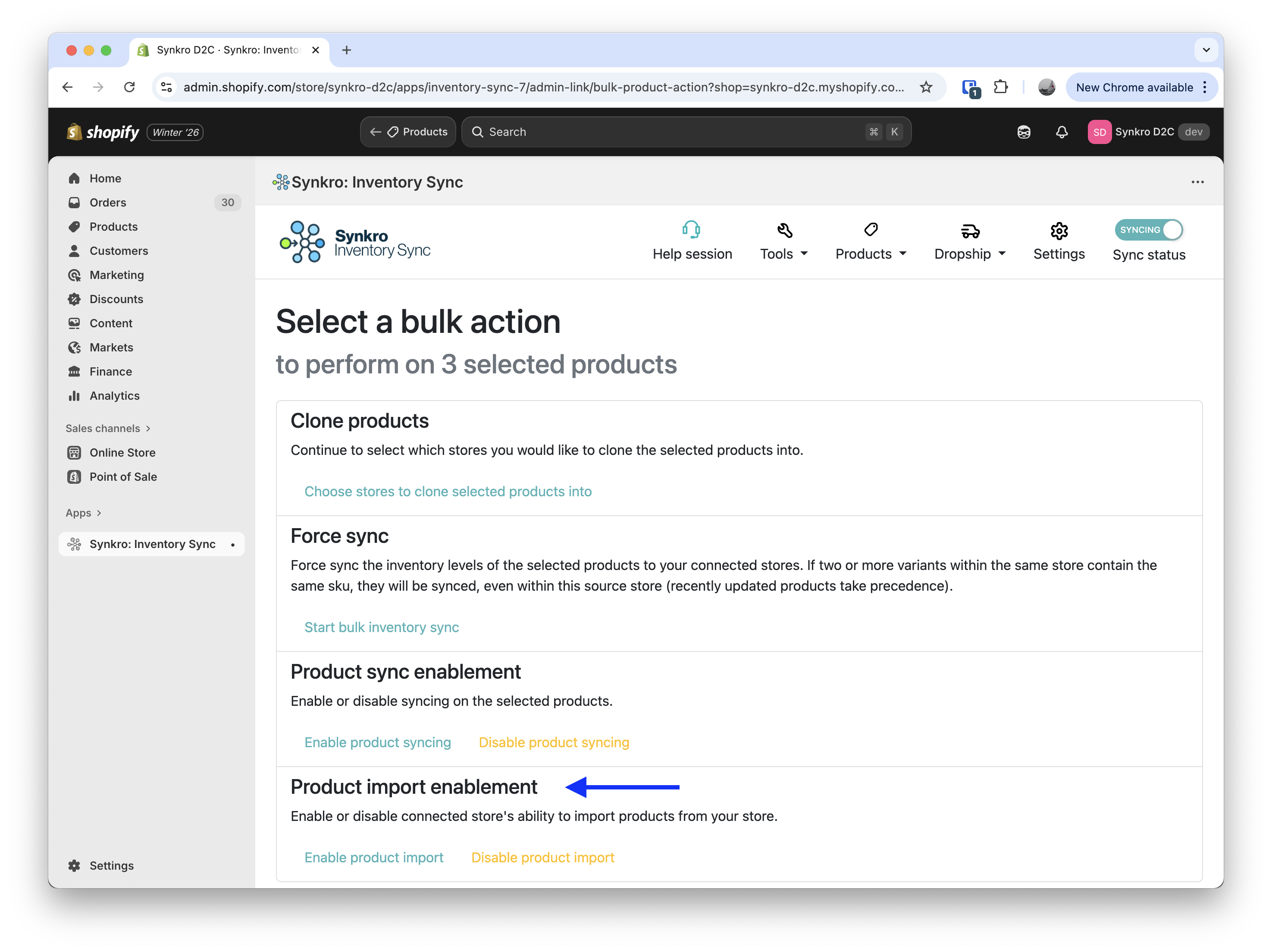 B. Click Enable product import for selected products
