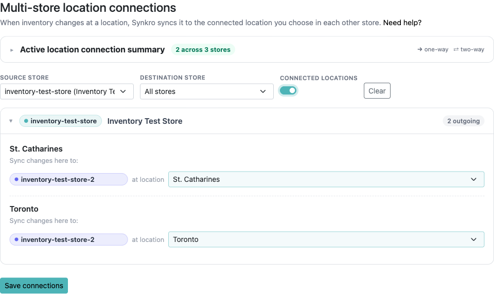 The tool filtered to a single source store with the Connected locations toggle on, showing only configured rows