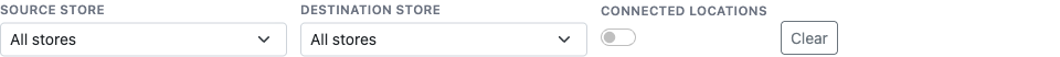 The filter bar with Source store, Destination store, a Connected locations toggle, and a Clear button