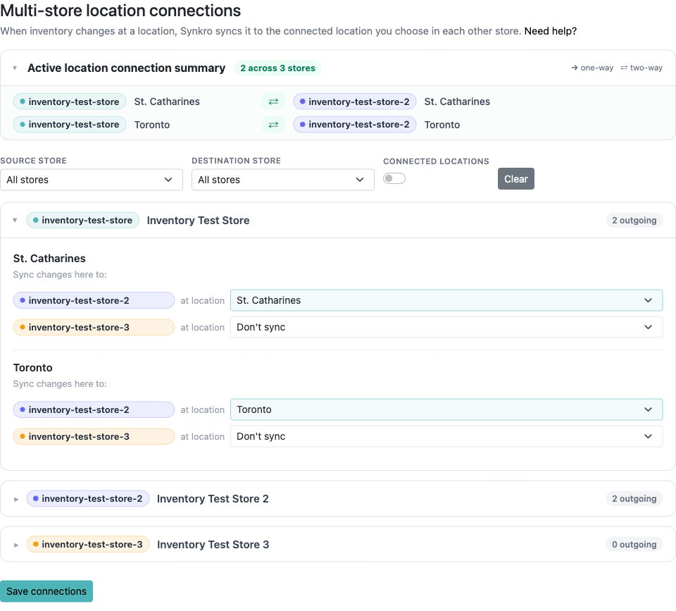 The Multi-store location connections tool, showing the summary panel, filters, and the per-store editor