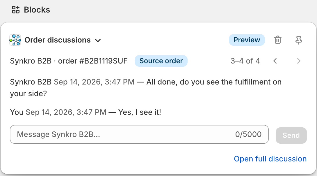 Order discussions block in preview mode, with the pin and remove icons in its top right corner