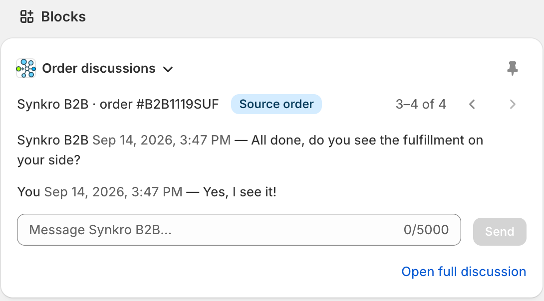 Pinned Order discussions block on the order page