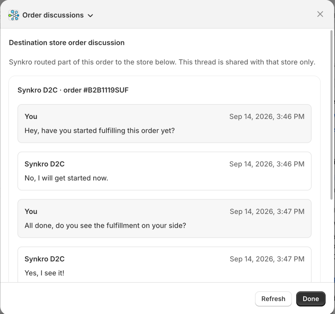 Order discussions window showing a thread between the source store and the destination store