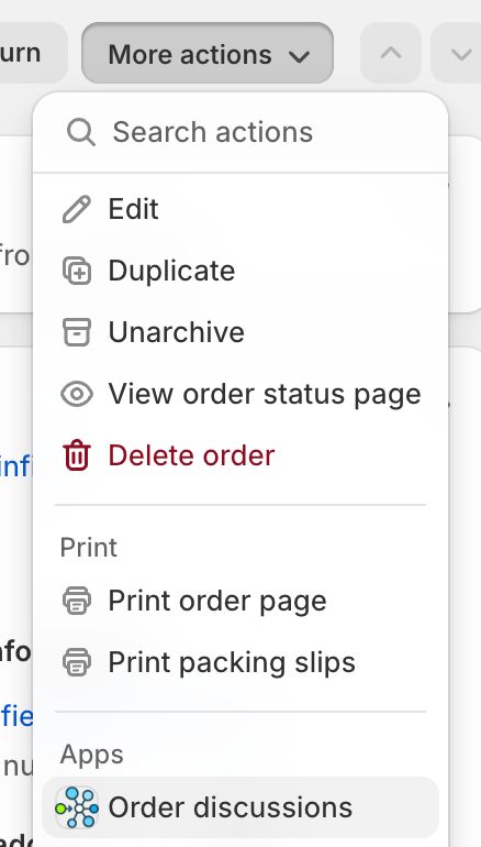 More actions menu on an order, with Order discussions listed under Apps