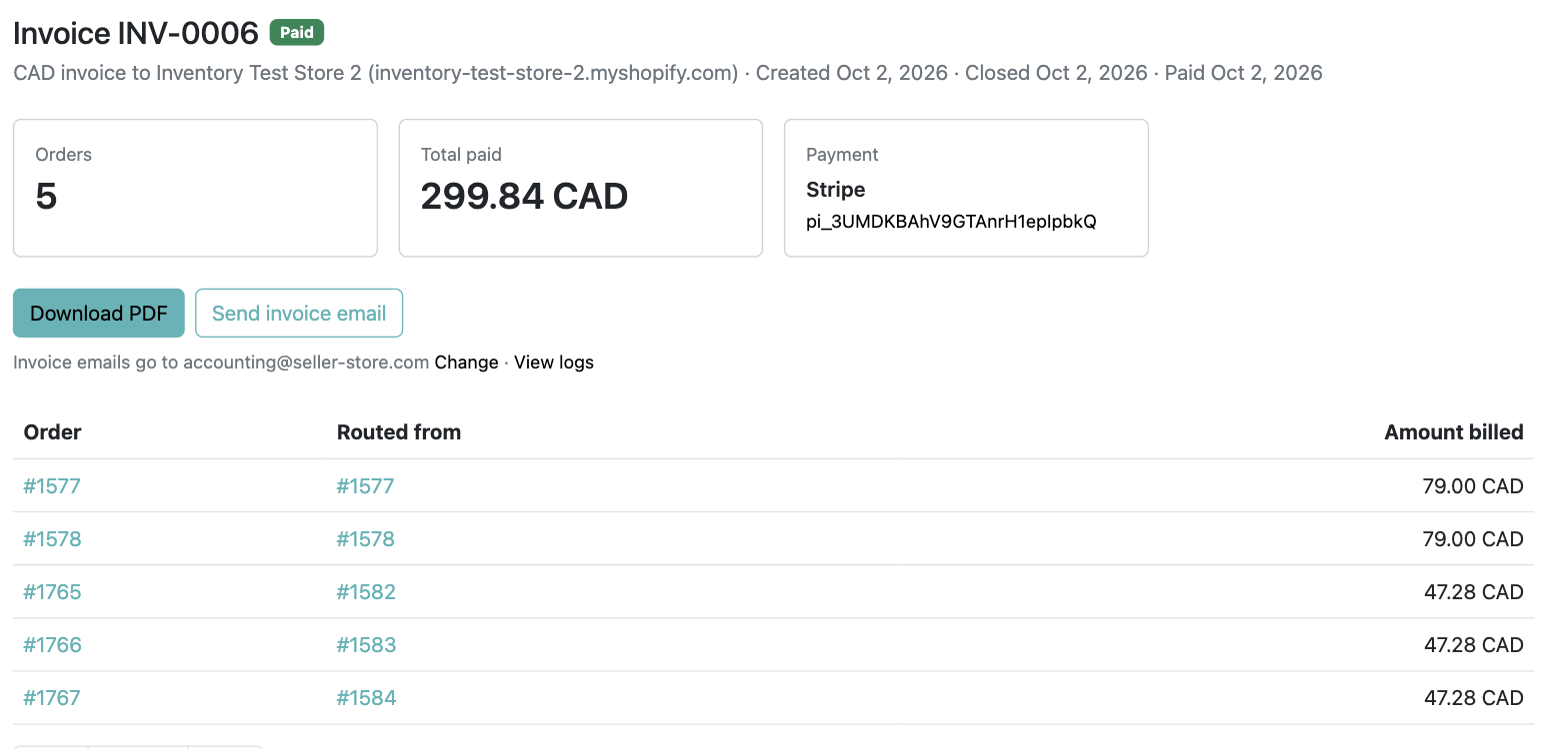 A paid invoice showing its orders, total, and Stripe payment