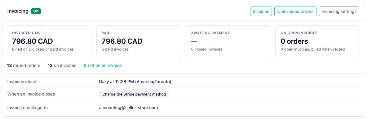 Invoicing section of a routing setting, with invoiced, paid and unpaid totals