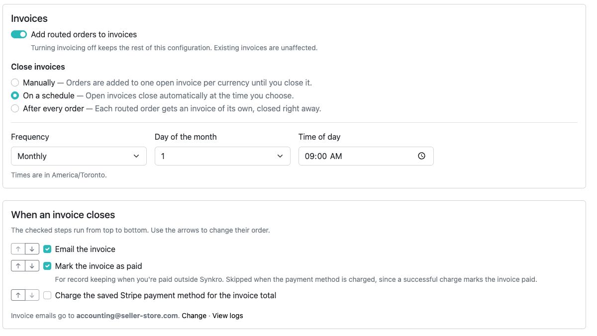 Invoicing settings with a monthly close schedule that emails the invoice and then marks it as paid