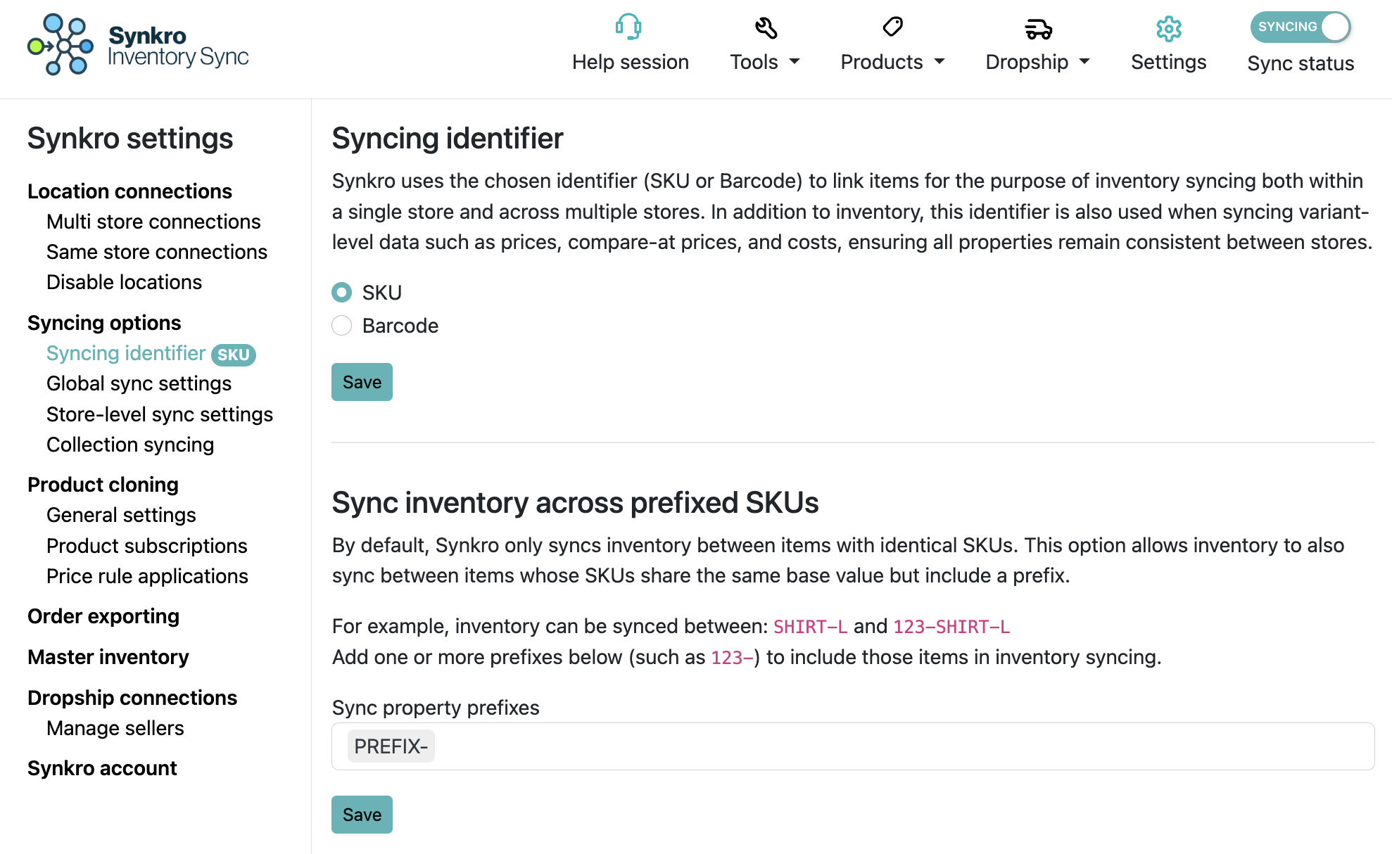 Manage SKU prefixes used for inventory syncing under Sync inventory across prefixed SKUs in the Syncing Identifier settings.
