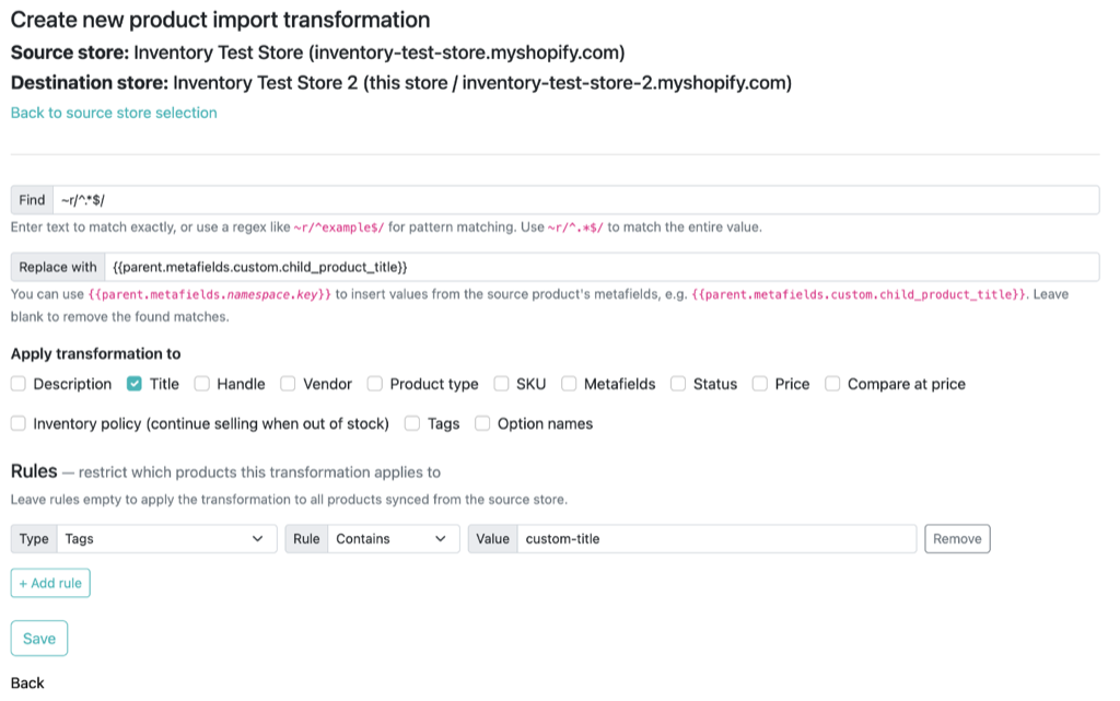 A transformation which sets the child product's title from a parent product metafield, for products tagged custom-title