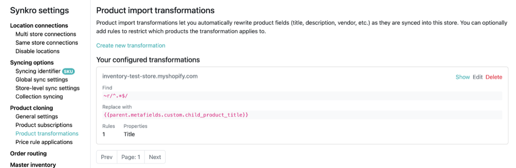 Saved transformations are listed on the Product transformations page