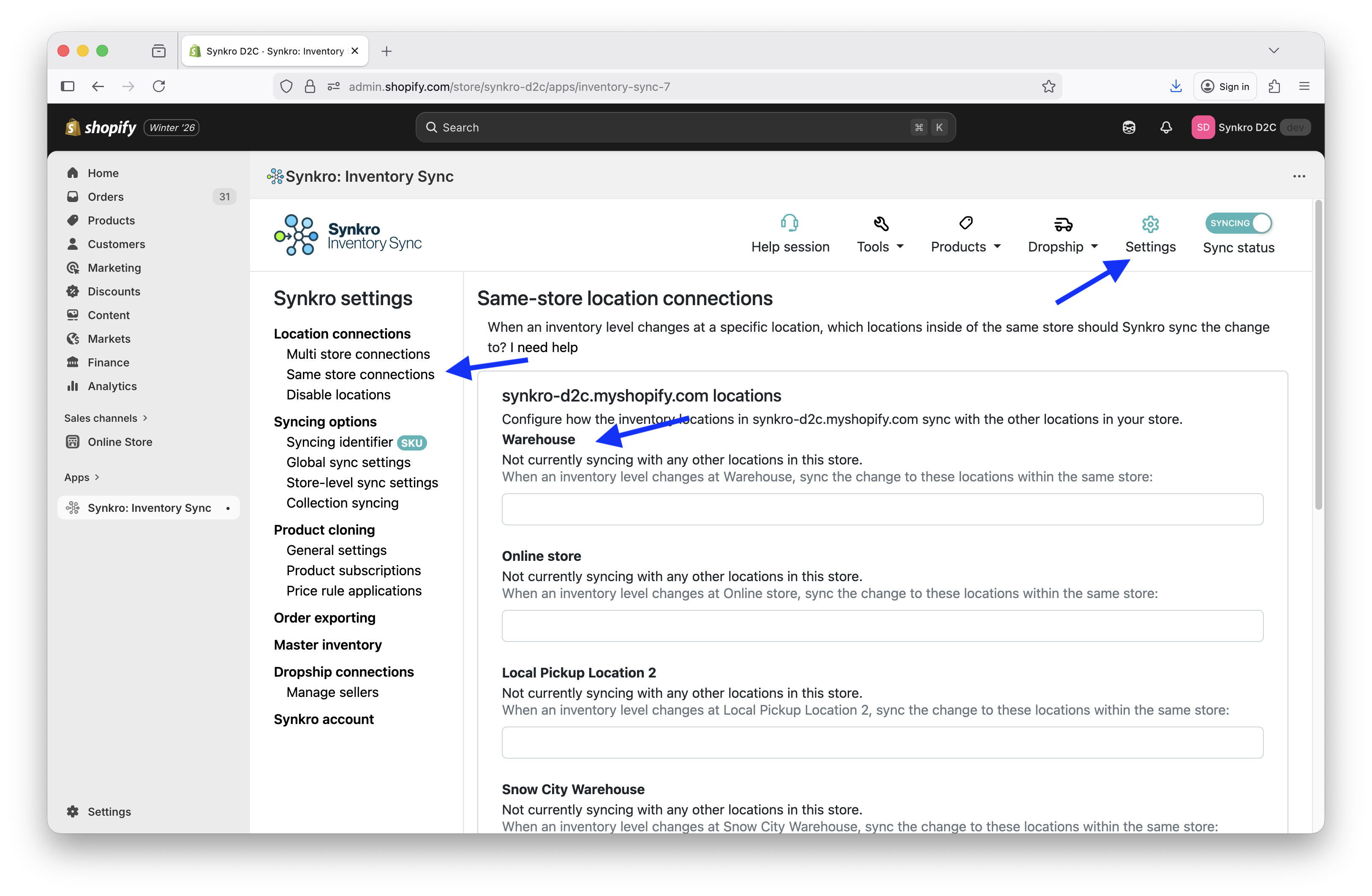 Select which destination location each source location should sync inventory changes to