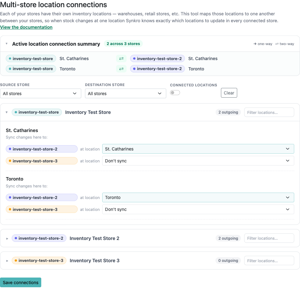 The Multi-store location connections tool, with a summary of active connections at the top and a card for each store below