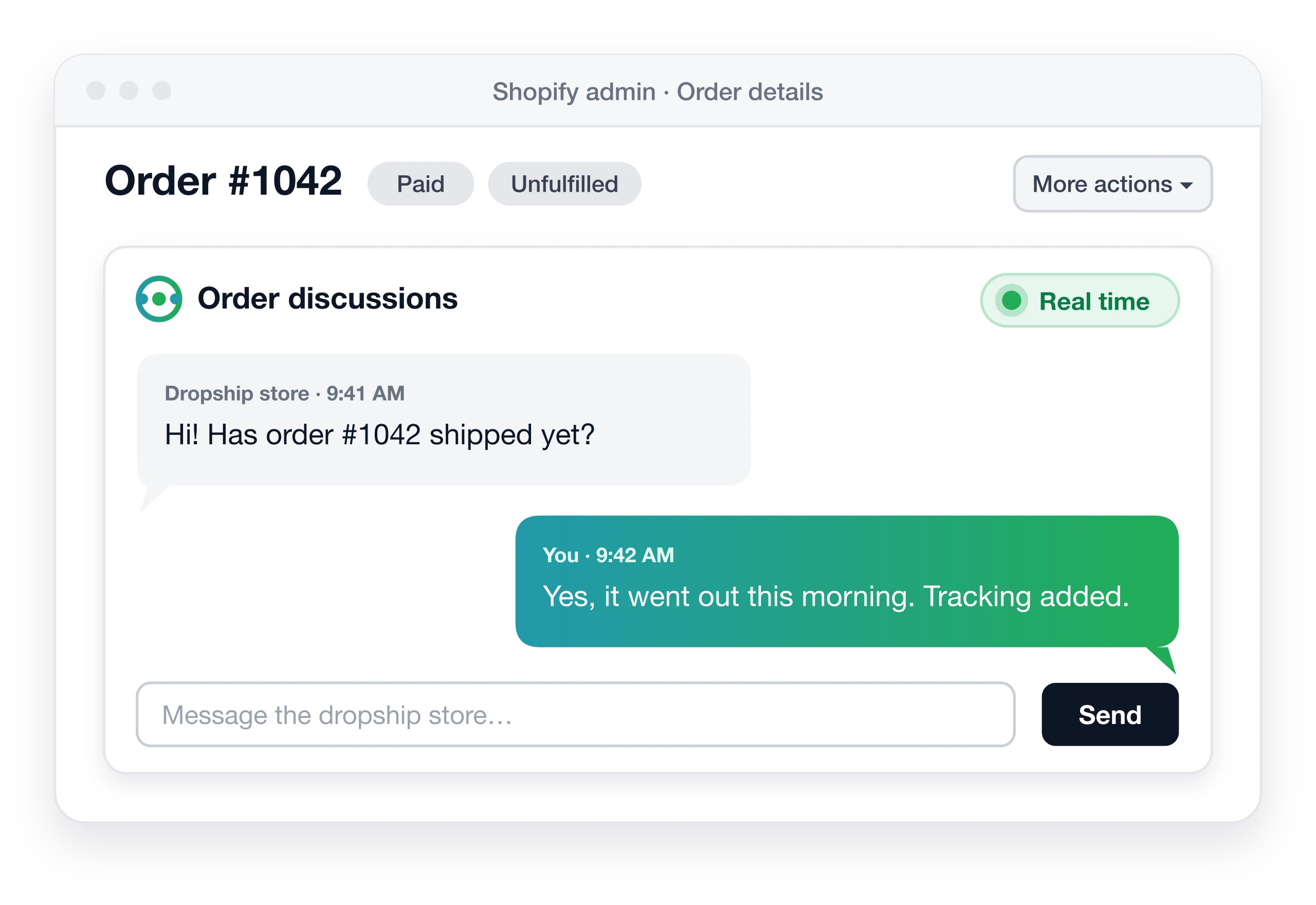 Chat with suppliers in real time, directly within the Shopify Order details page